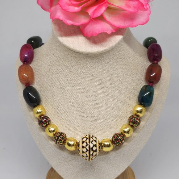 Enamel Cloisonne Crackle Agate Beaded Statement Necklace Gold Green Red Purple - Picture 1 of 14